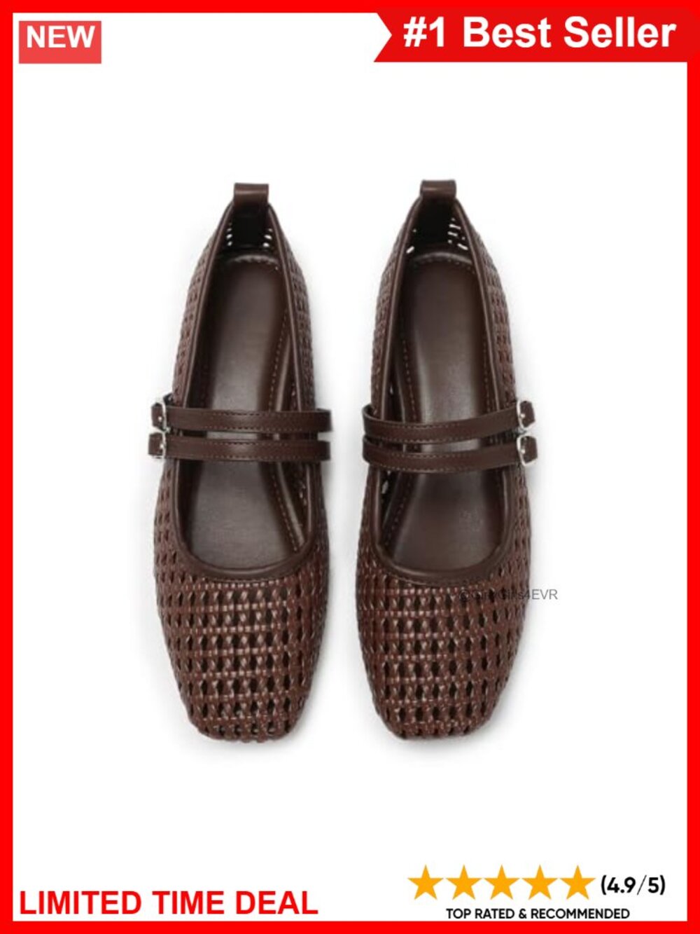 Woven Mesh Mary Jane Flats Square Toe Adjustable Buckle Faux Leather